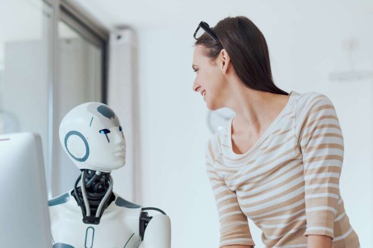 A young lady chatting with a robot