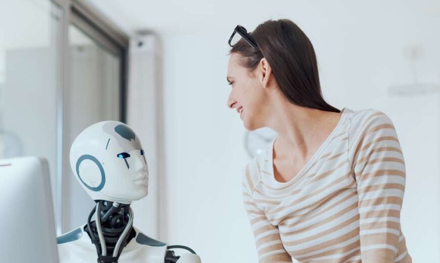A young lady chatting with a robot