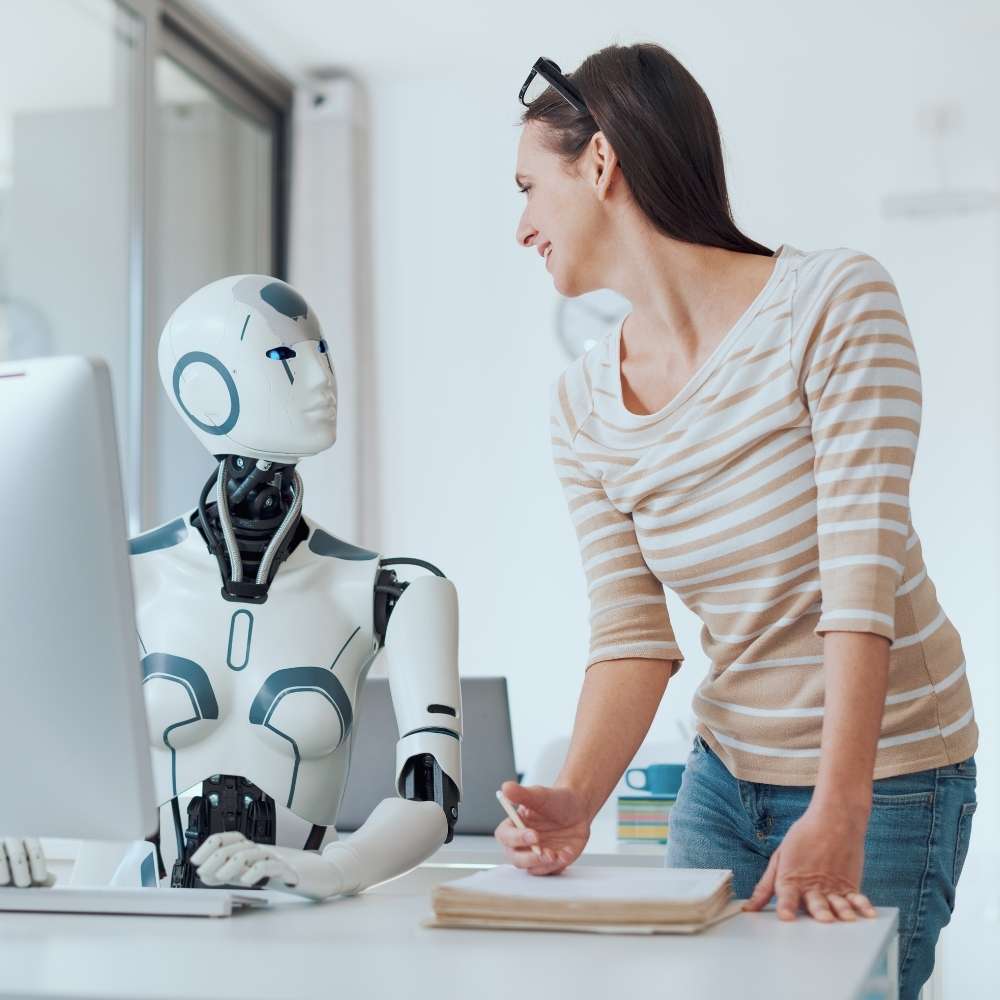 A young lady chatting with a robot